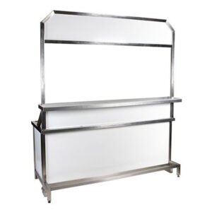 Theke ROKA L200 B70 H110 Arbeitsplatte CNS mit Spülbecken, Barbrett, Überbau, Fußstange